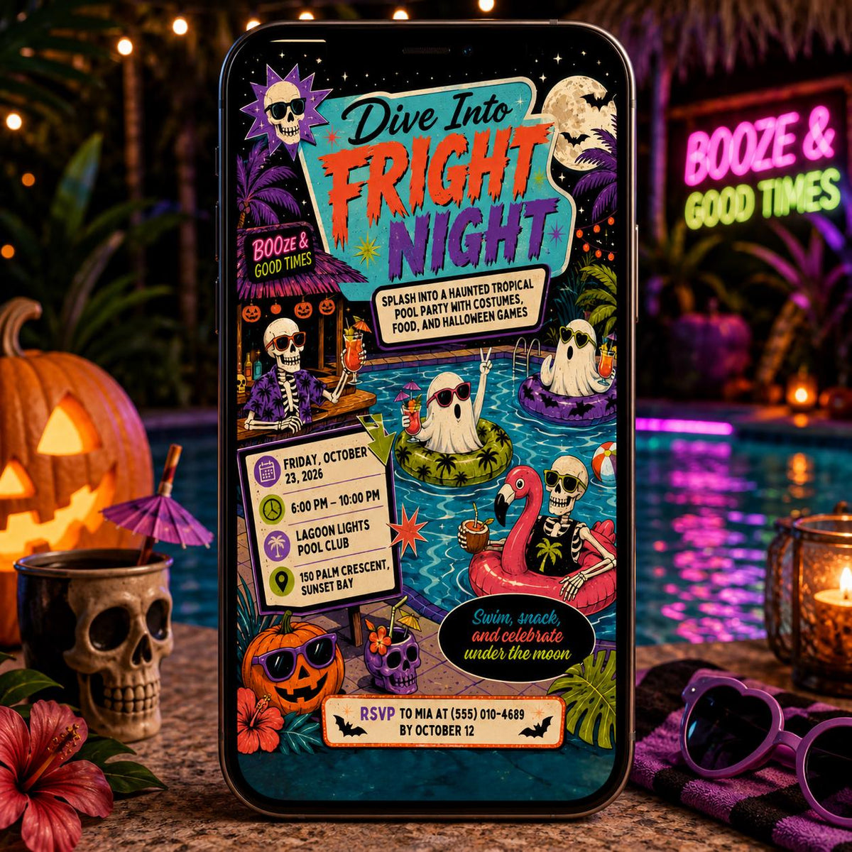 Retro Halloween Pool Party Invitation — print-ready Halloween party design from VoltBy