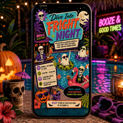 Retro Halloween Pool Party Invitation — print-ready Halloween party design from VoltBy