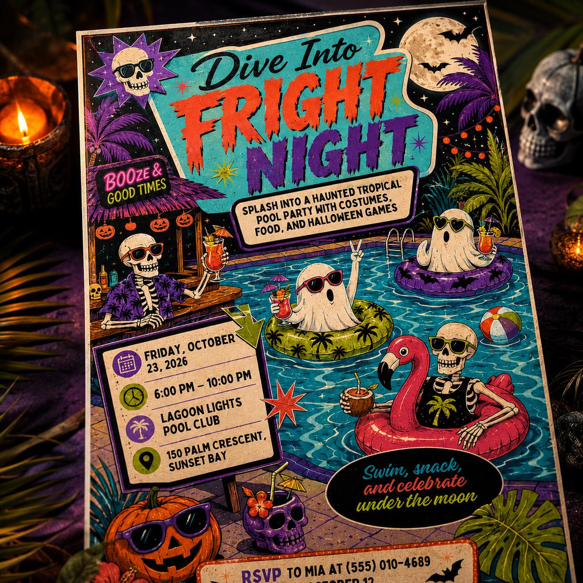 Retro Halloween Pool Party Invitation — digital invitation, instant download