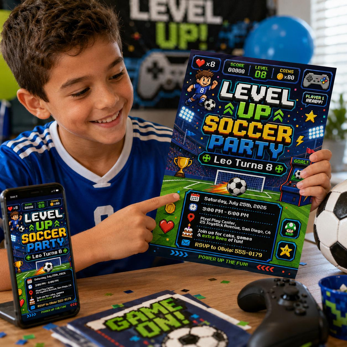 Retro Level Up Soccer 8th Birthday Invitation for Boys — gaming design