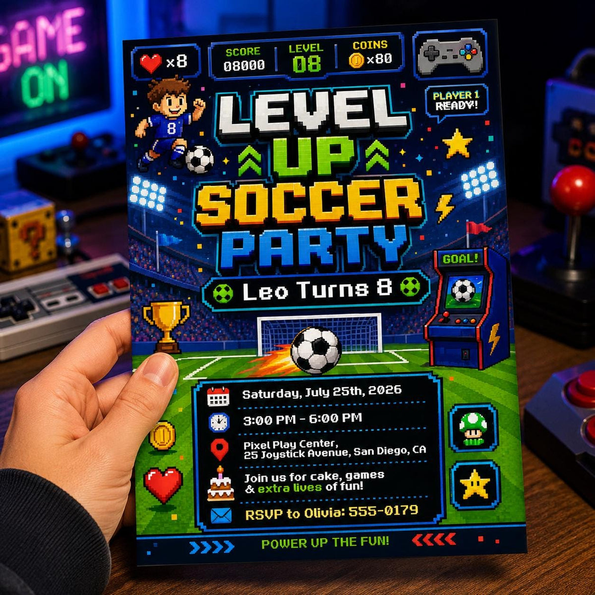 Retro Level Up Soccer 8th Birthday Invitation for Boys — invitation you personalize in Canva