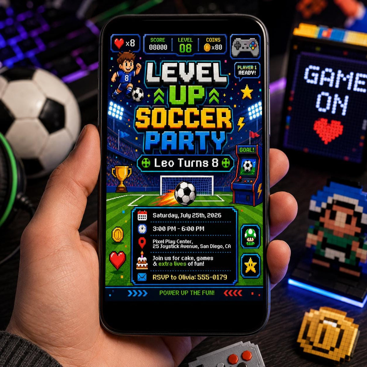 Retro Level Up Soccer 8th Birthday Invitation for Boys — print-ready 8th birthday party design from VoltBy