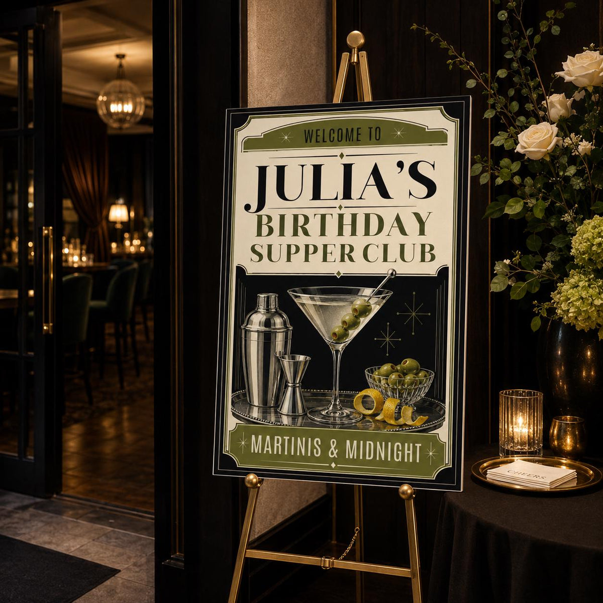 Retro Martini Birthday Welcome Sign — cocktail design