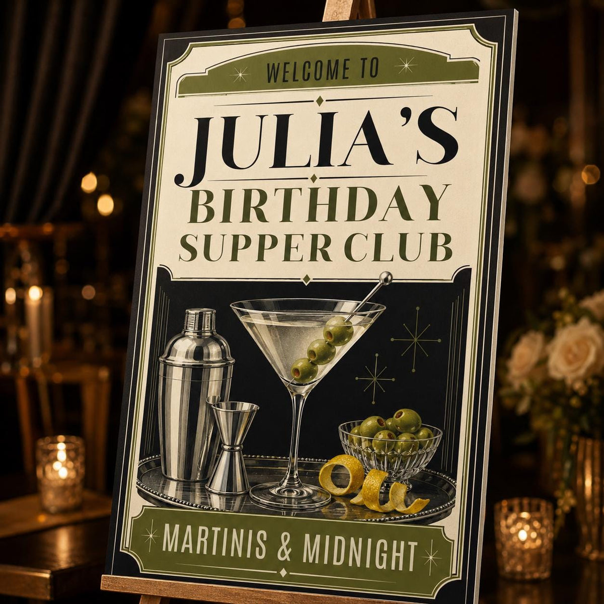Retro Martini Birthday Welcome Sign — welcome sign you personalize in Canva