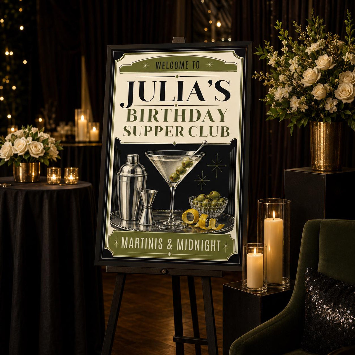 Retro Martini Birthday Welcome Sign — art deco birthday party design
