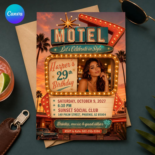 Retro Motel Sign Photo 29th Birthday Invitation — editable Canva template