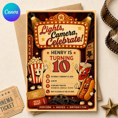 Retro Movie Night 10th Birthday Invitation — editable Canva template