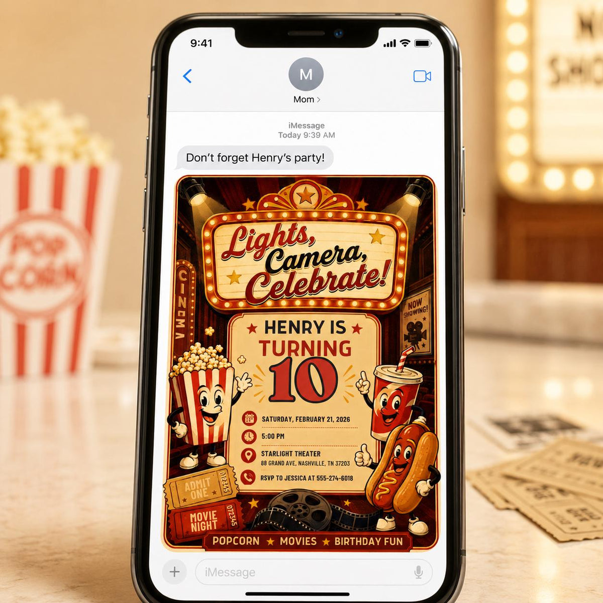 Retro Movie Night 10th Birthday Invitation — camera design