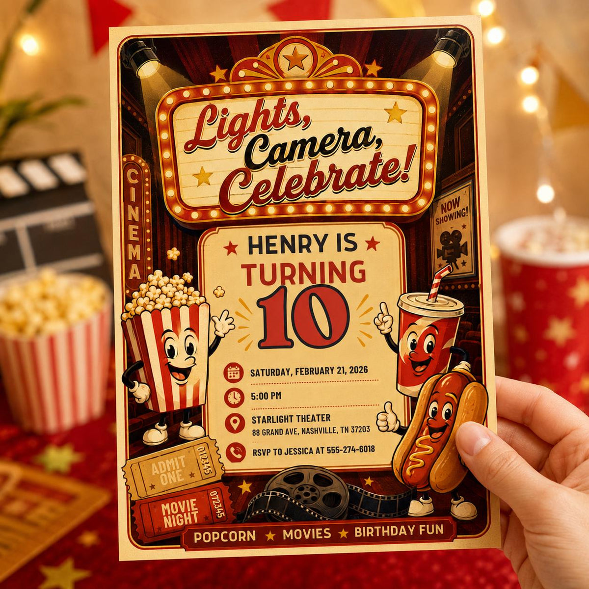 Retro Movie Night 10th Birthday Invitation — invitation you personalize in Canva
