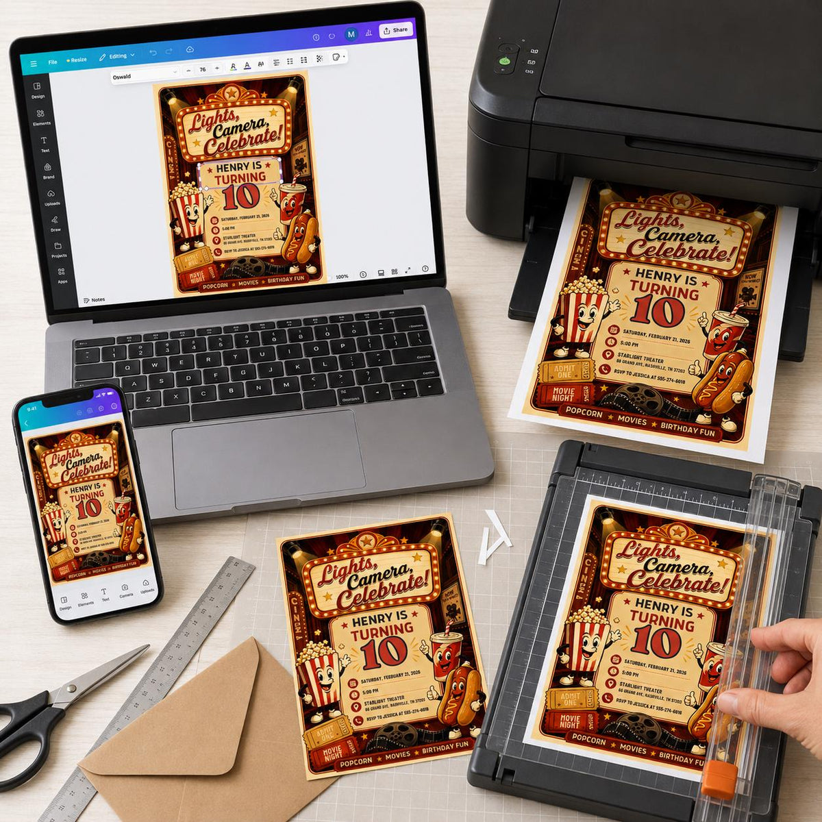 Retro Movie Night 10th Birthday Invitation — print-ready 10th birthday party design from VoltBy