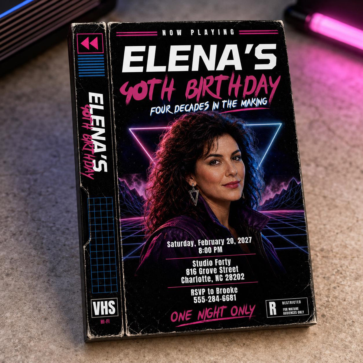 Retro Neon 40th Birthday Invitation — digital invitation, instant download