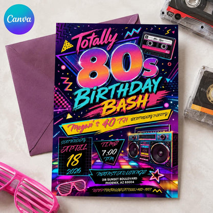 Retro Neon 80s 40th Birthday Invitation: Totally Eighties — editable Canva template