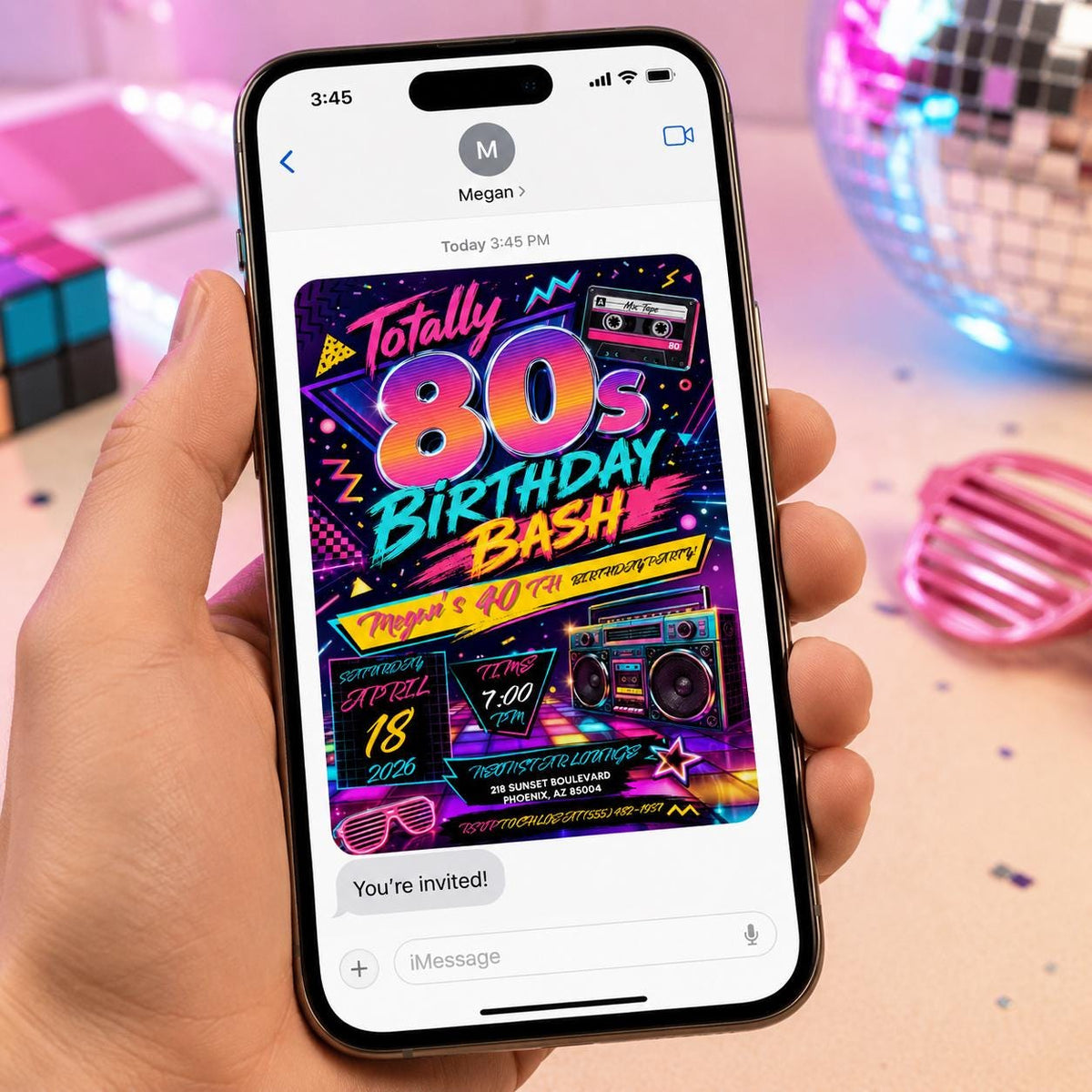 Retro Neon 80s 40th Birthday Invitation: Totally Eighties — invitation you personalize in Canva