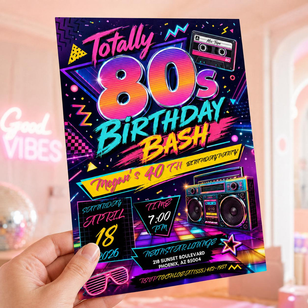 Retro Neon 80s 40th Birthday Invitation: Totally Eighties — print-ready 40th birthday party design from VoltBy