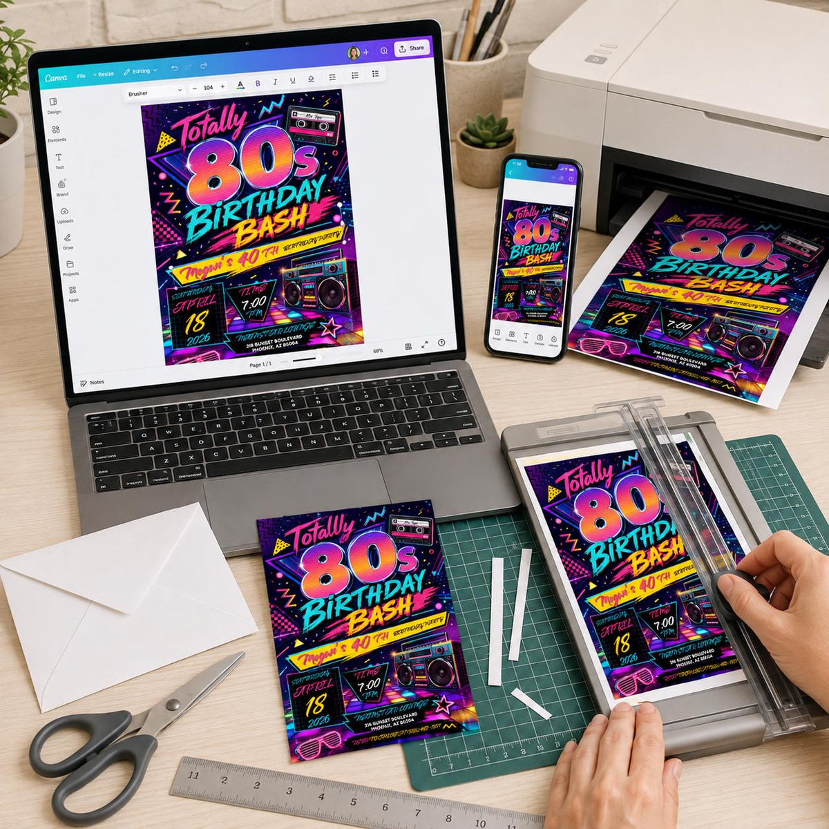 Retro Neon 80s 40th Birthday Invitation: Totally Eighties — digital invitation, instant download