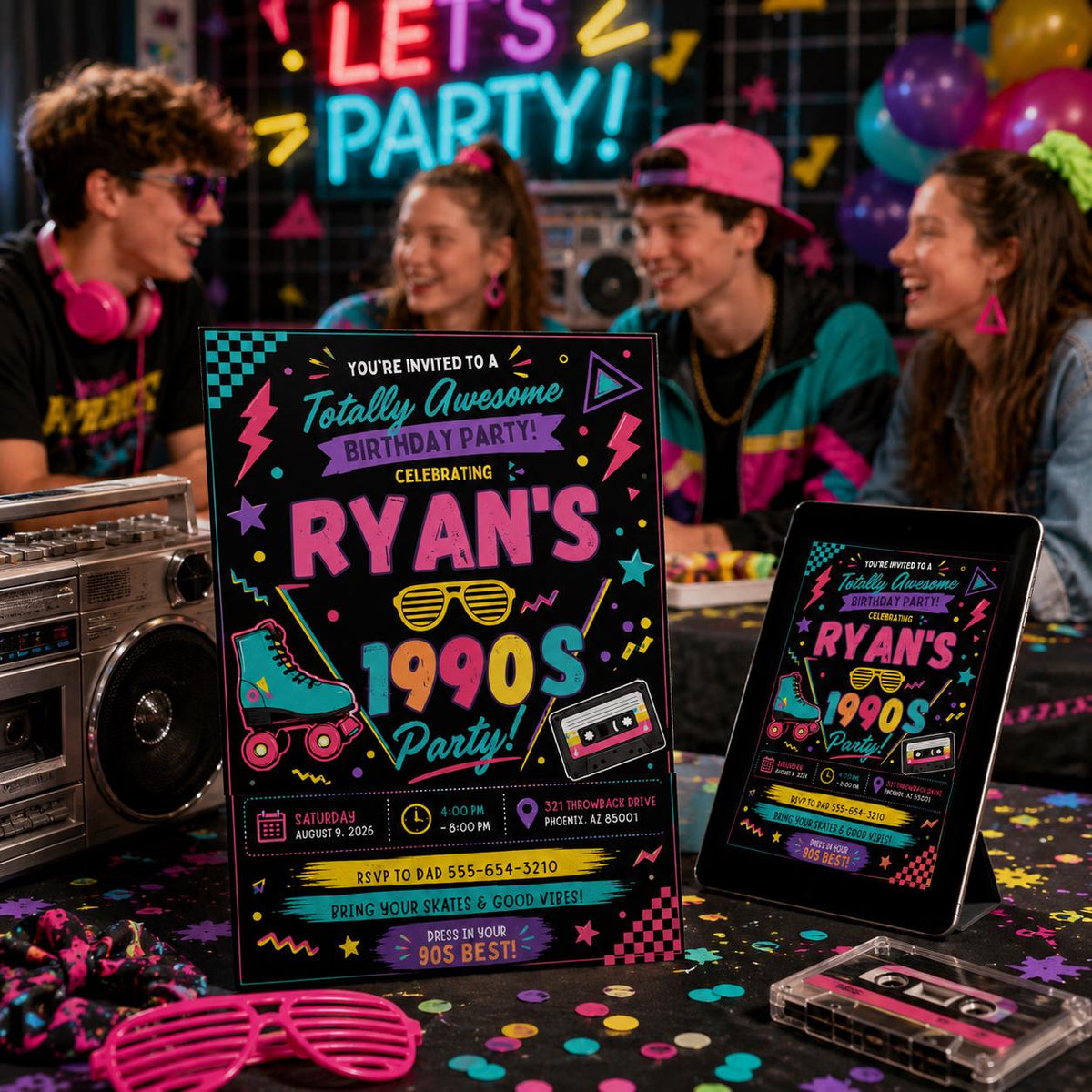 Retro Neon 90s Birthday Invitation — roller skate design