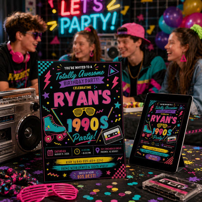 Retro Neon 90s Birthday Invitation — roller skate design