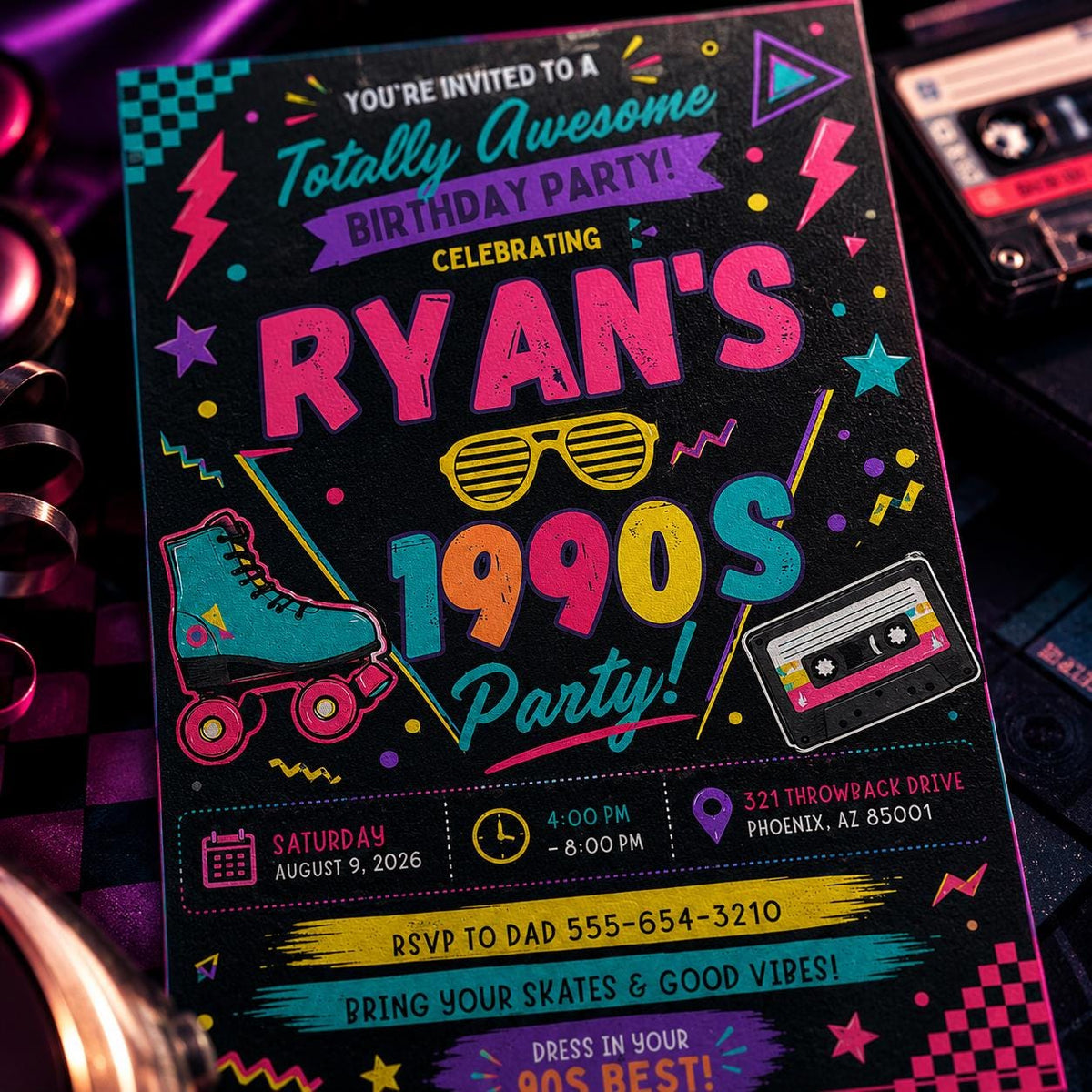 Retro Neon 90s Birthday Invitation — invitation you personalize in Canva