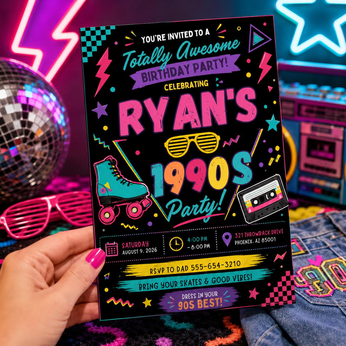 Retro Neon 90s Birthday Invitation — print-ready birthday party design from VoltBy