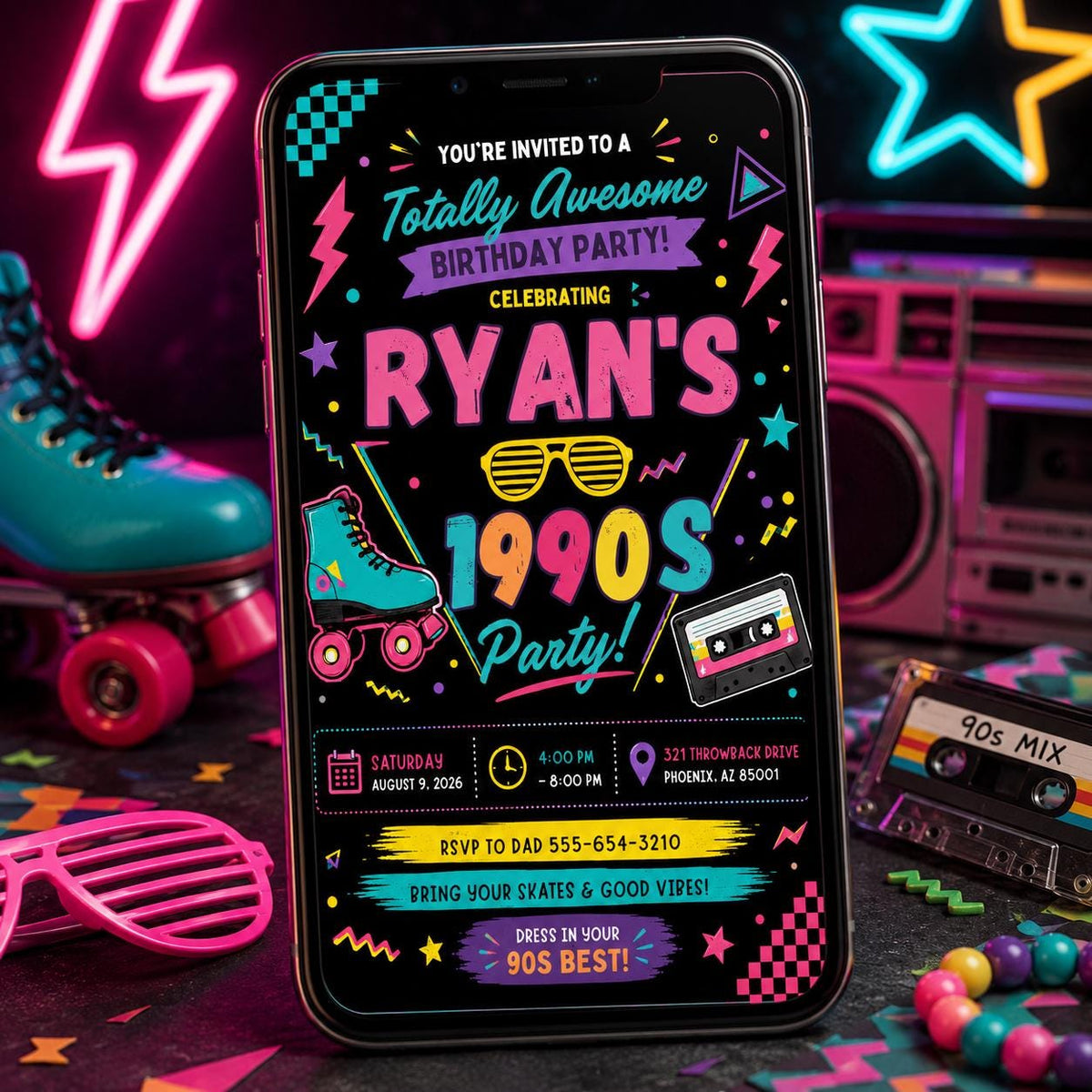 Retro Neon 90s Birthday Invitation — digital invitation, instant download