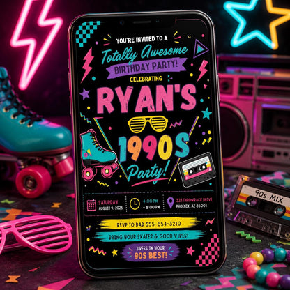 Retro Neon 90s Birthday Invitation — digital invitation, instant download