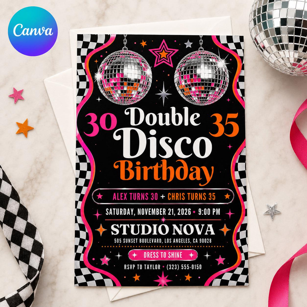 Retro Neon Joint Disco Birthday Invitation — editable Canva template