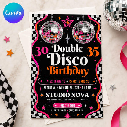 Retro Neon Joint Disco Birthday Invitation — editable Canva template