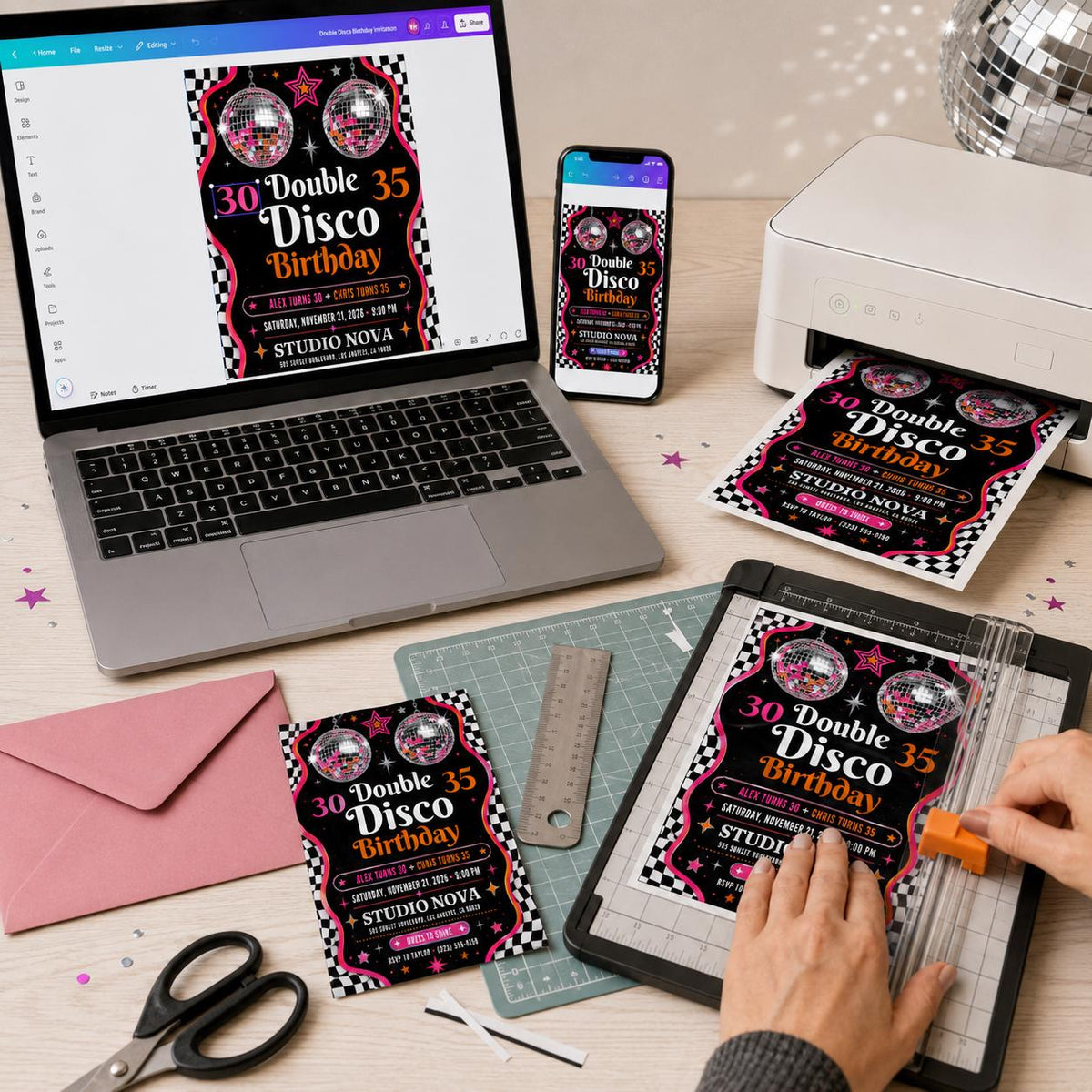 Retro Neon Joint Disco Birthday Invitation — checkered 30th birthday party design