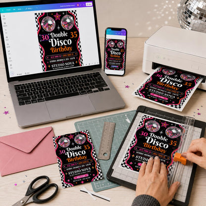 Retro Neon Joint Disco Birthday Invitation — checkered 30th birthday party design
