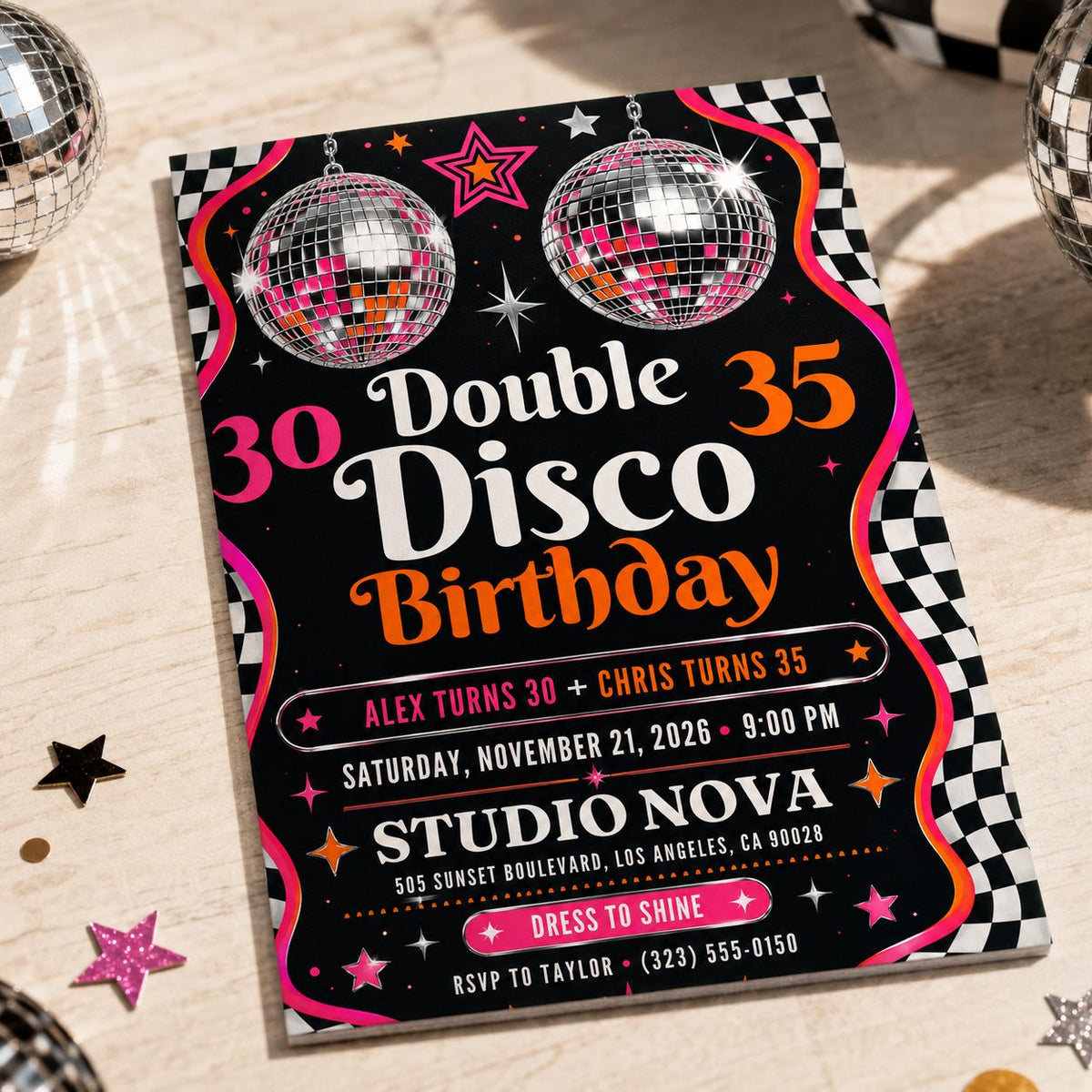 Retro Neon Joint Disco Birthday Invitation — print-ready 30th birthday party design from VoltBy