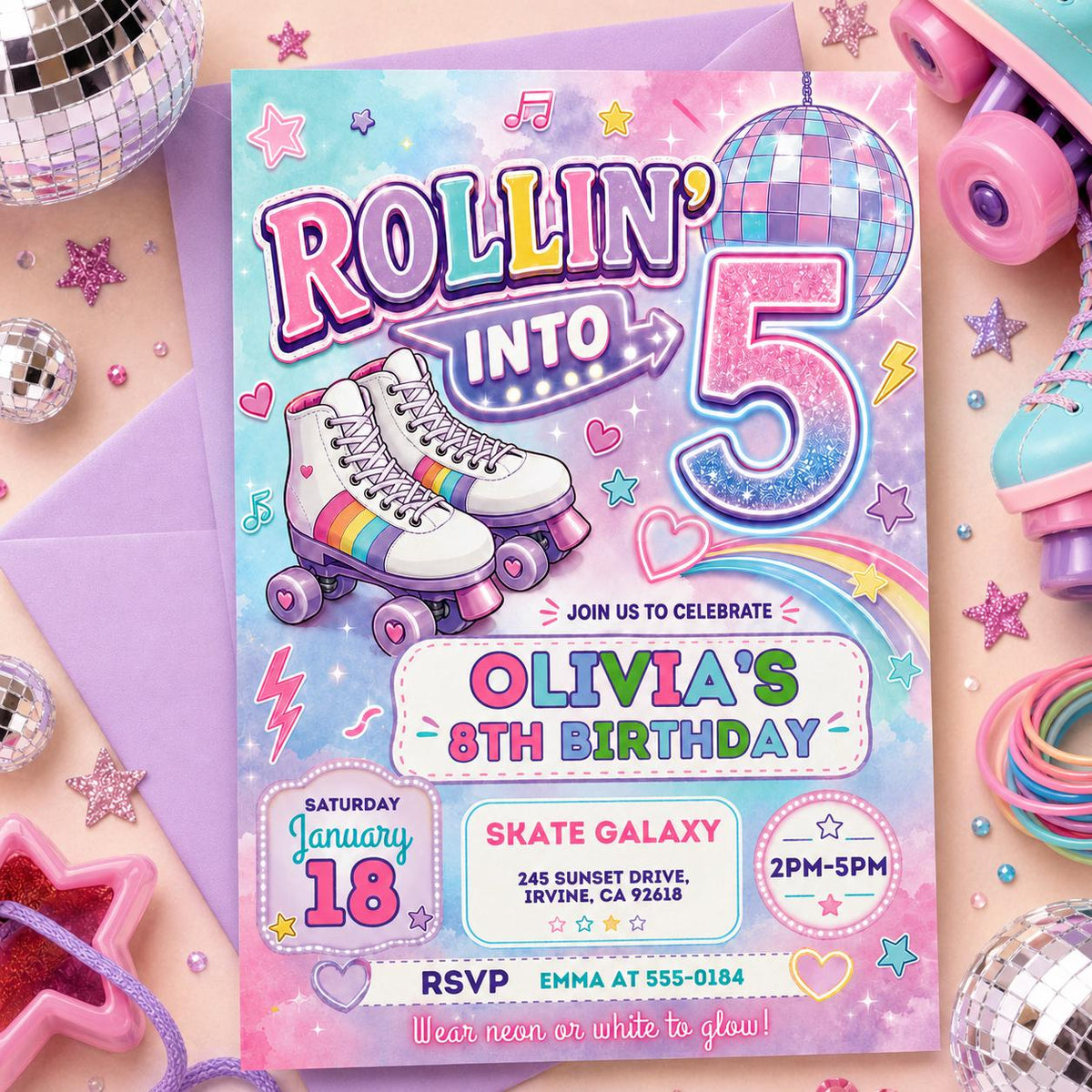 Retro Neon Roller Skating 5th Birthday Invitation — 5th birthday party stationery by VoltBy