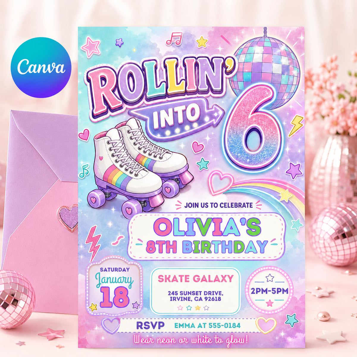 Retro Neon Roller Skating 6th Birthday Invitation — editable Canva template