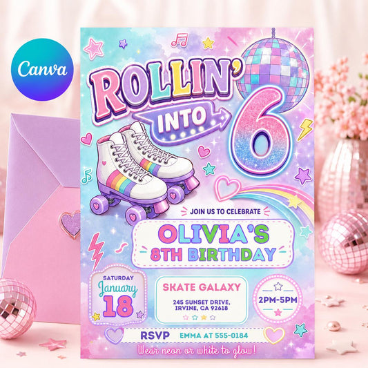 Retro Neon Roller Skating 6th Birthday Invitation — editable Canva template