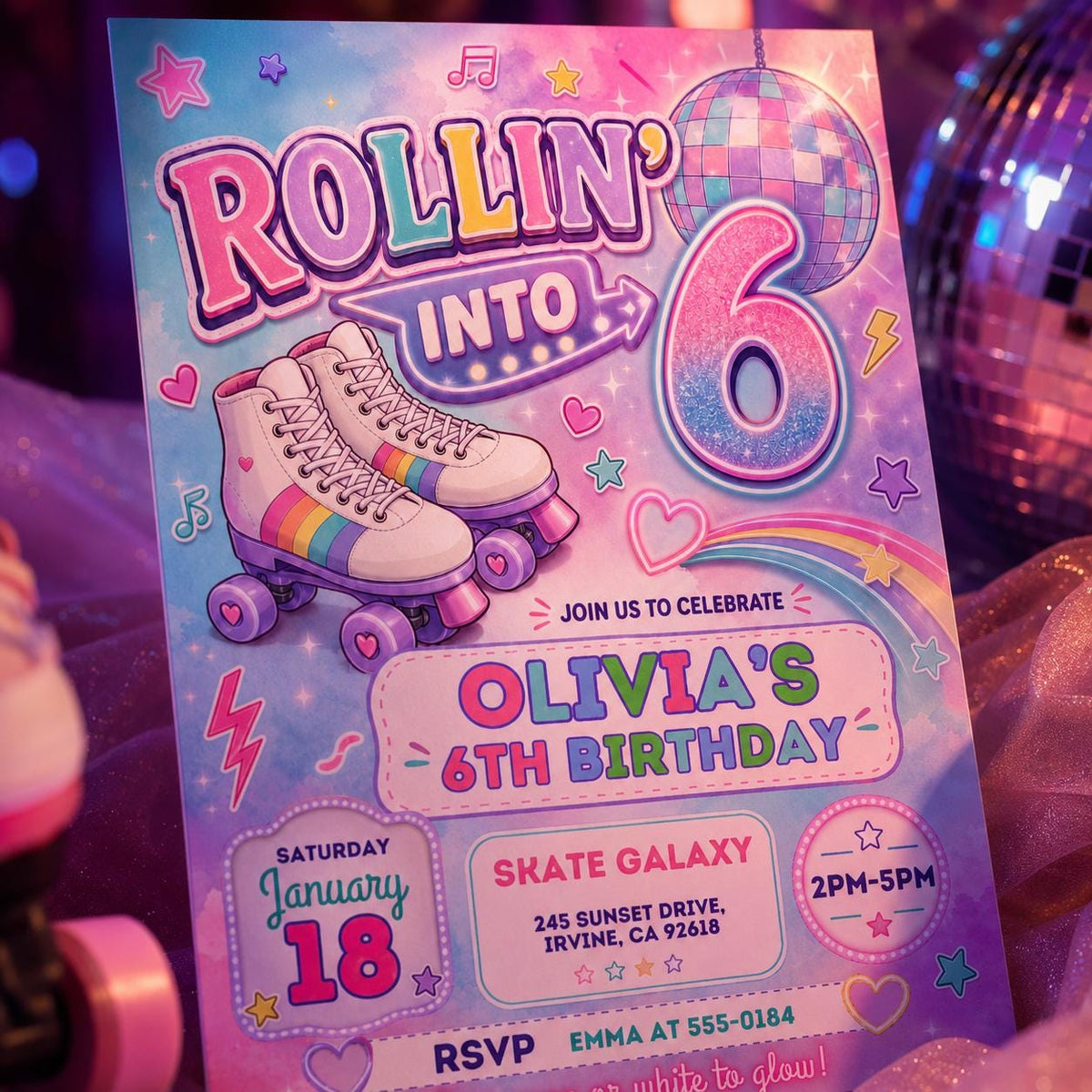 Retro Neon Roller Skating 6th Birthday Invitation — skate design