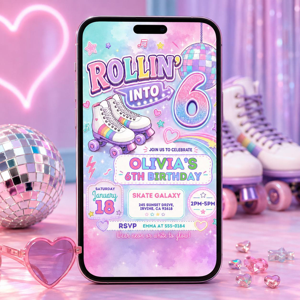 Retro Neon Roller Skating 6th Birthday Invitation — invitation you personalize in Canva