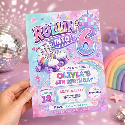 Retro Neon Roller Skating 6th Birthday Invitation — disco 6th birthday party design