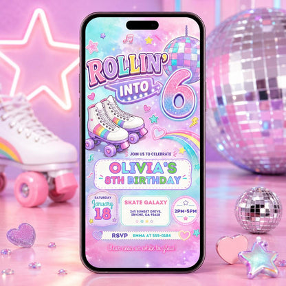 Retro Neon Roller Skating 6th Birthday Invitation — 6th birthday party stationery by VoltBy