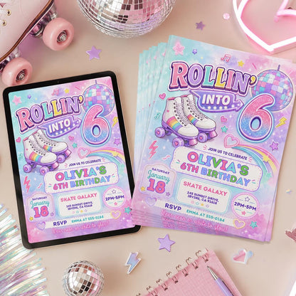Retro Neon Roller Skating 6th Birthday Invitation — design view 3