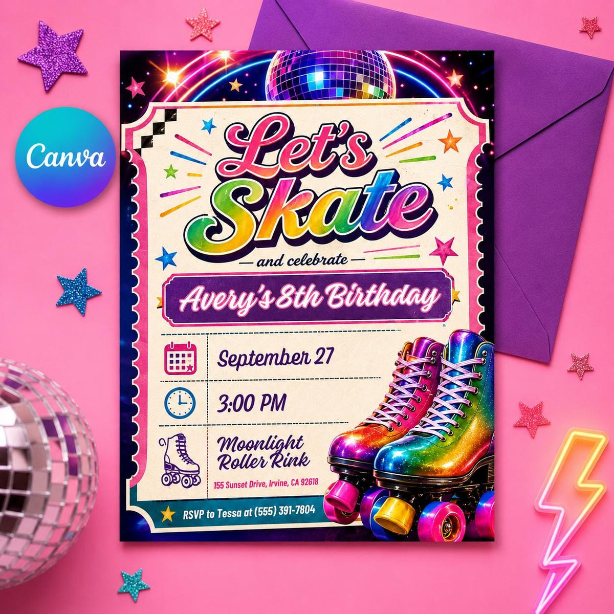 Retro Neon Roller Skating Birthday Invitation — editable Canva template