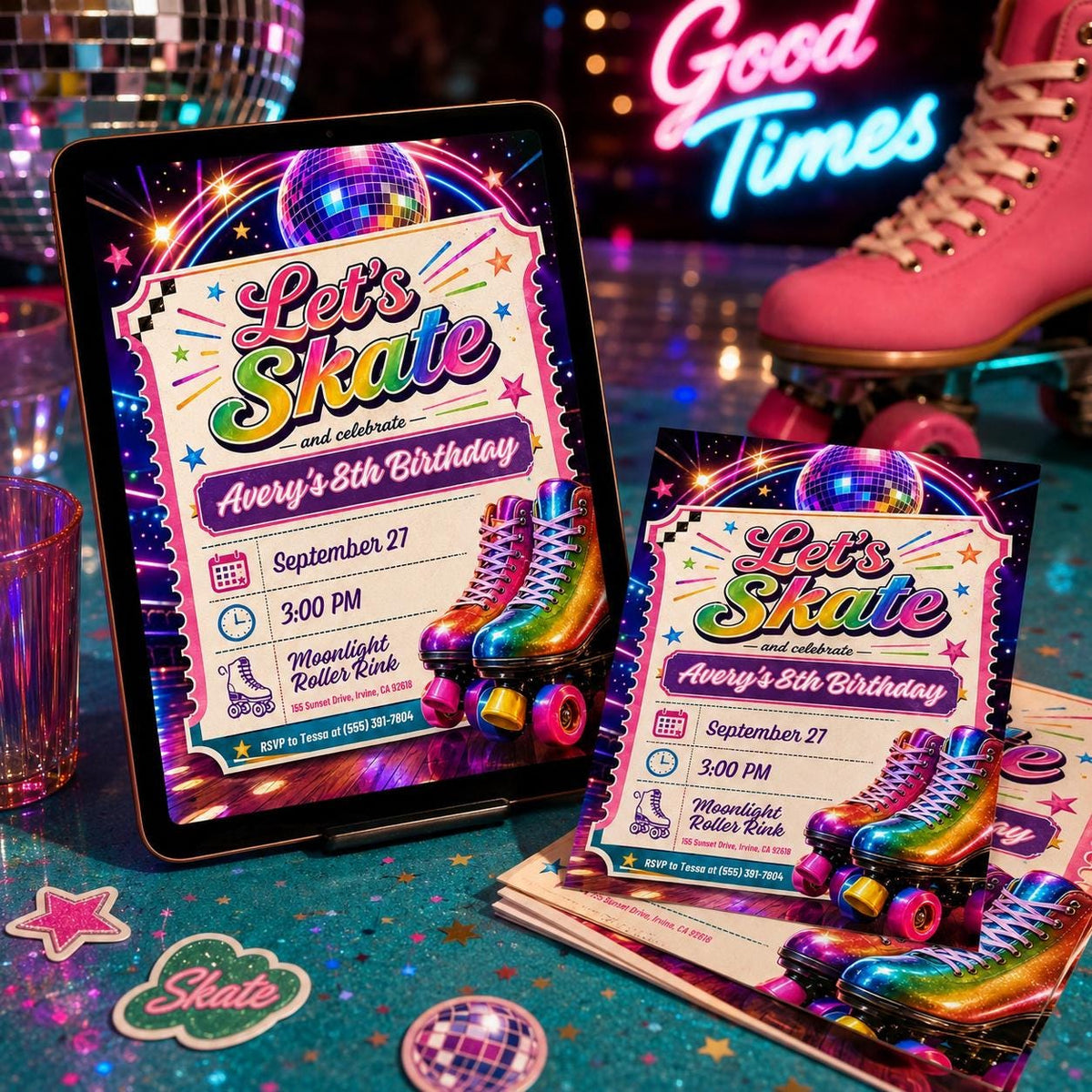Retro Neon Roller Skating Birthday Invitation — skate design