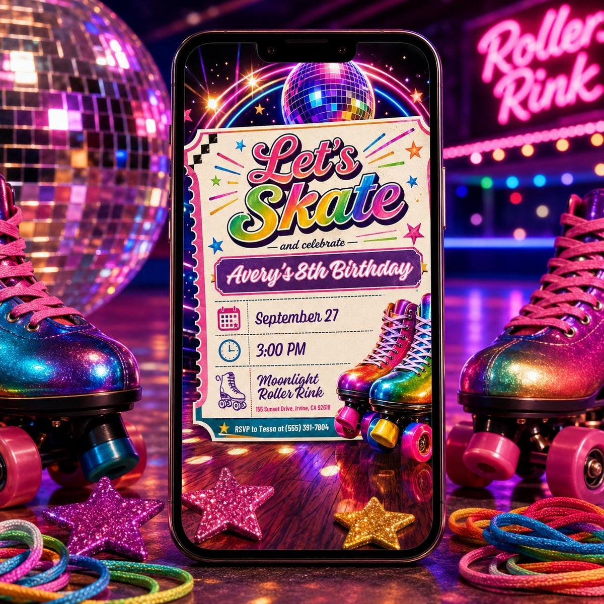 Retro Neon Roller Skating Birthday Invitation — invitation you personalize in Canva