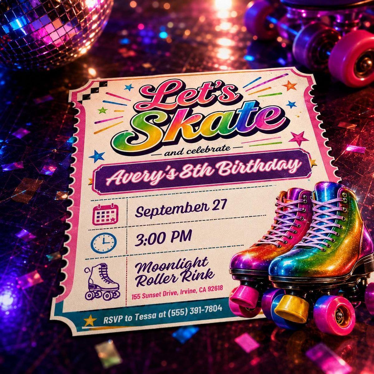 Retro Neon Roller Skating Birthday Invitation — print-ready birthday party design from VoltBy