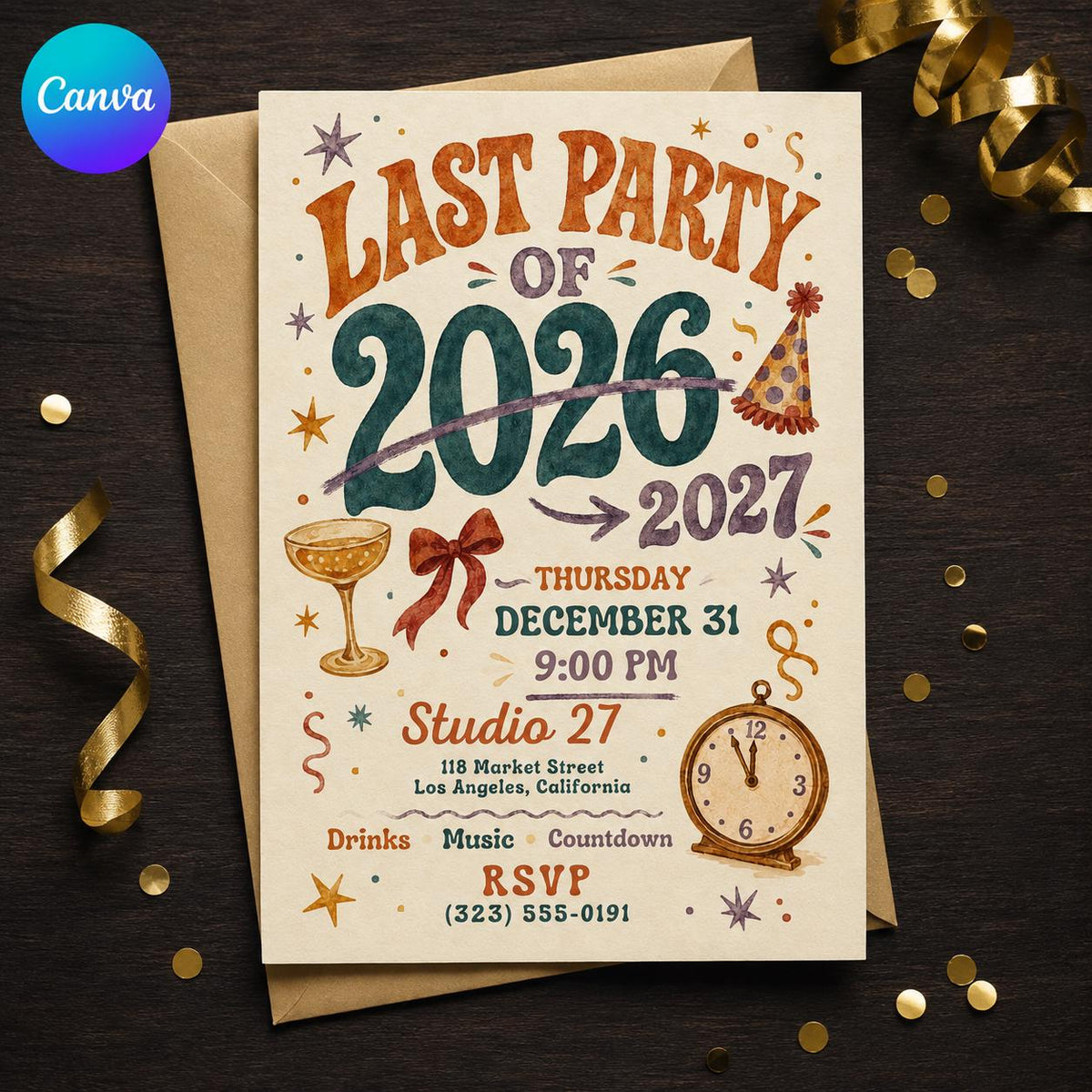 Retro New Years Eve Invitation 2027 — editable Canva template