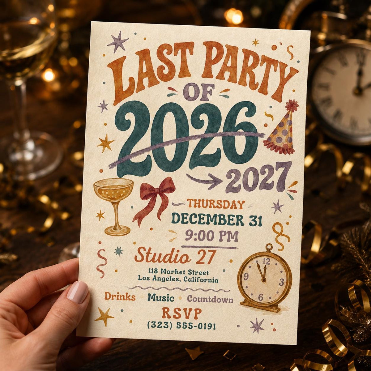 Retro New Years Eve Invitation 2027 — print-ready New Year party design from VoltBy
