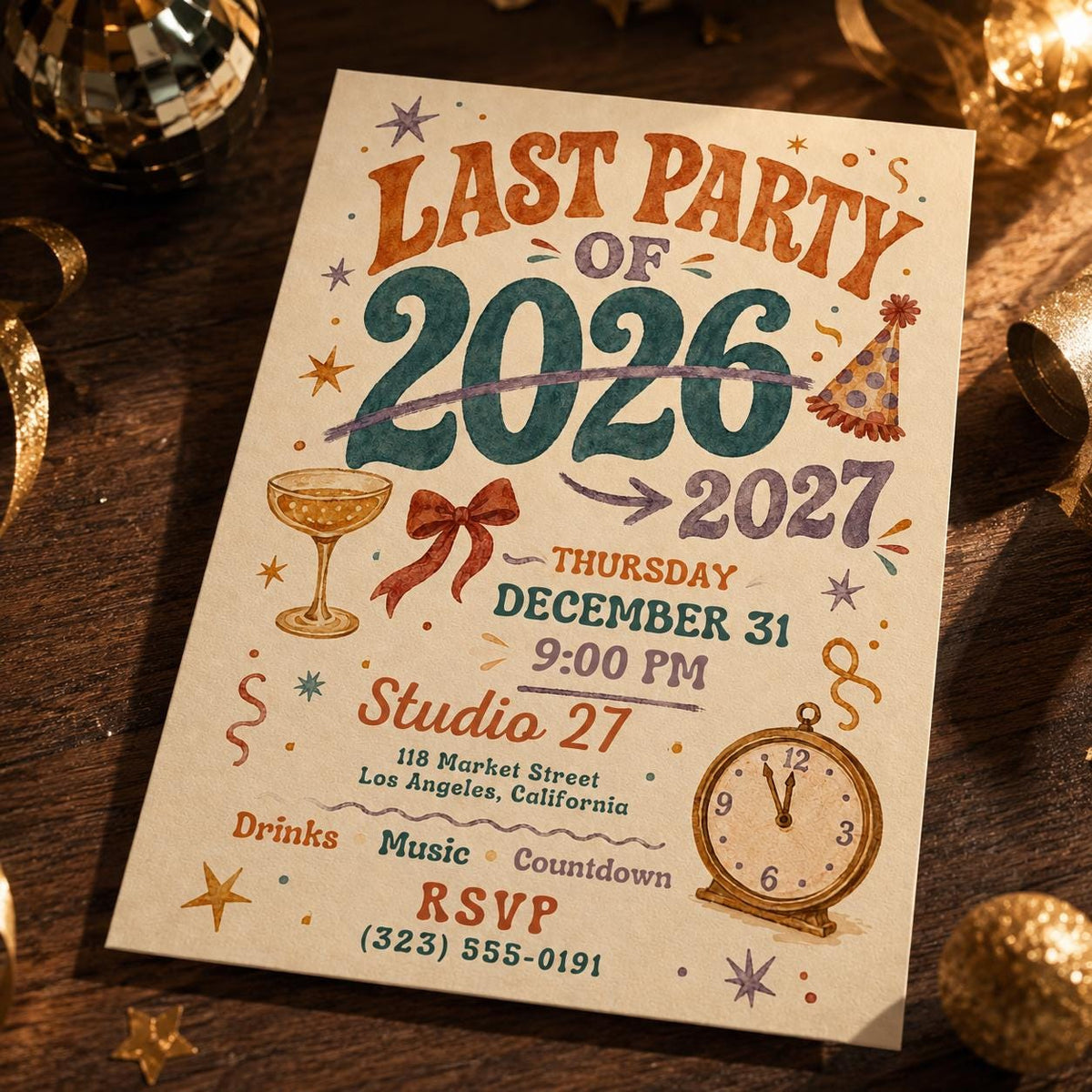 Retro New Years Eve Invitation 2027 — New Year party stationery by VoltBy