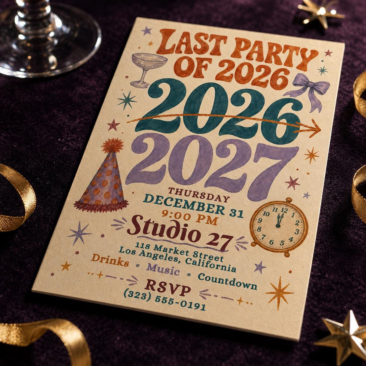Retro New Years Eve Party Invitation 2027 — New Year party stationery by VoltBy