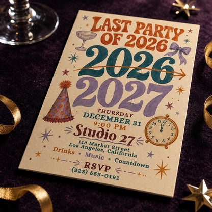 Retro New Years Eve Party Invitation 2027 — New Year party stationery by VoltBy