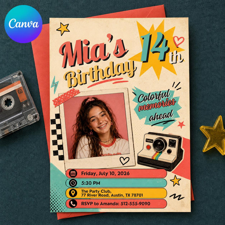 Retro Photo 14th Birthday Invitation with Colorful Memory Banner