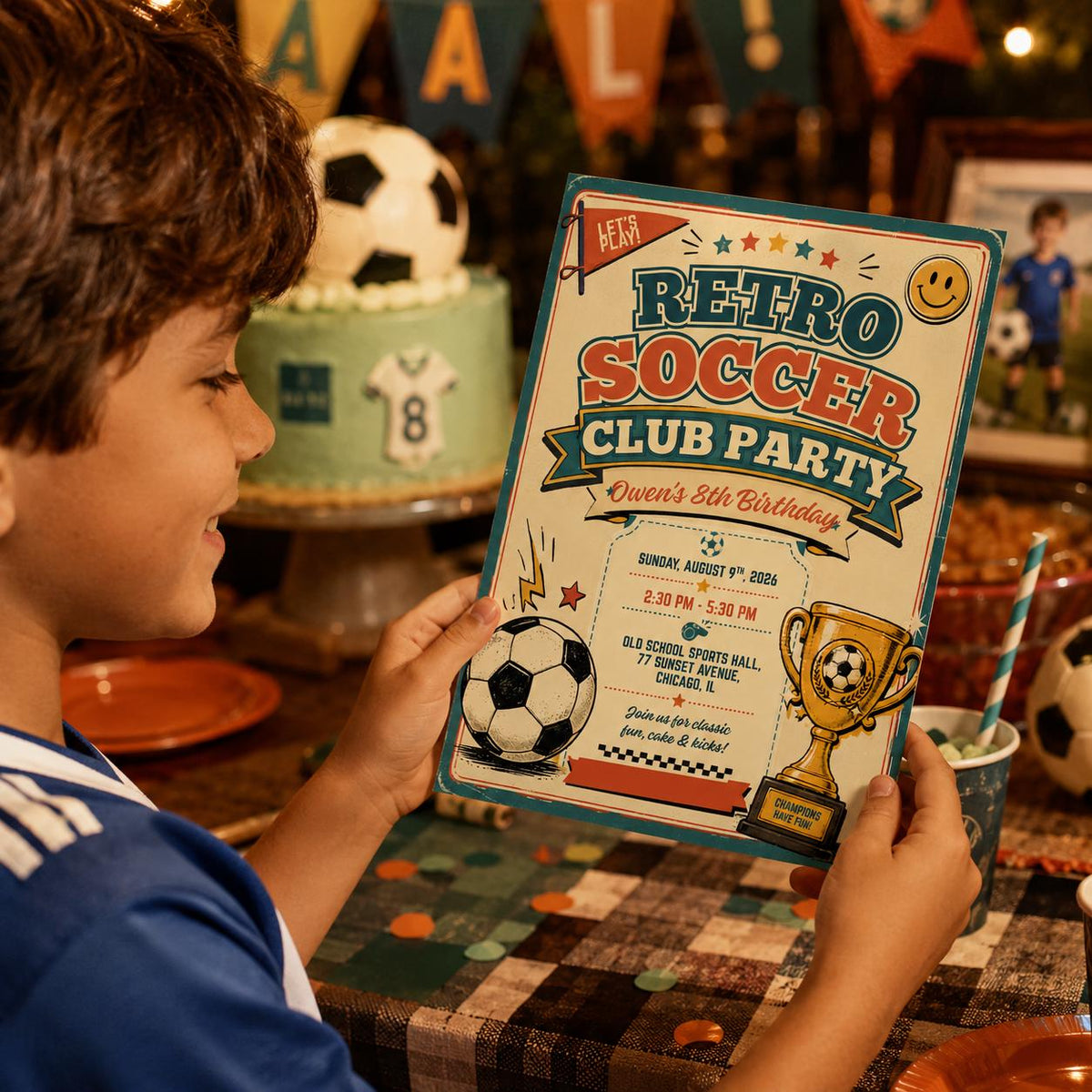 Retro Soccer Club 8th Birthday Invitation for Boys — sports design