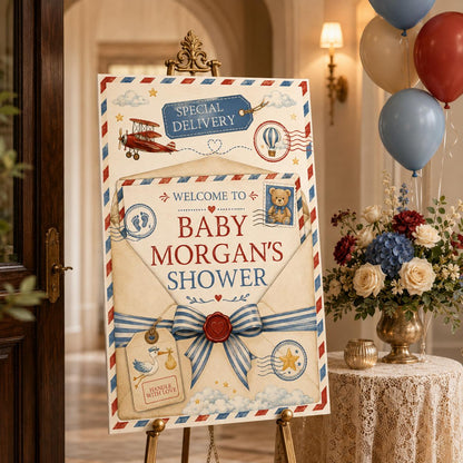 Retro Special Delivery Baby Shower Welcome Sign — welcome sign you personalize in Canva